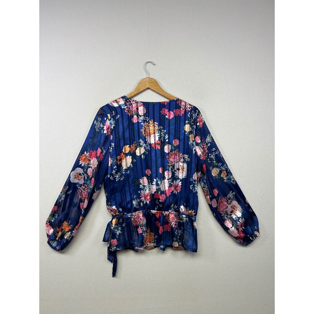 INC Floral Metallic Shimmer Romantic Womens Large Blue Wrap Peplum Blouse - Picture 2 of 8